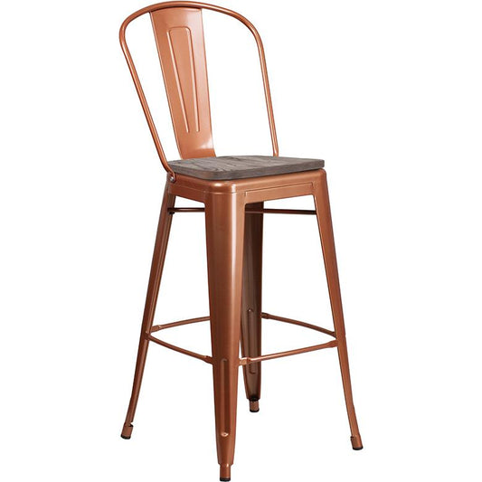 30" High Copper Metal Barstool with Back and Wood Seat