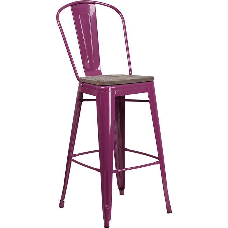 30" High Purple Metal Barstool with Back and Wood Seat