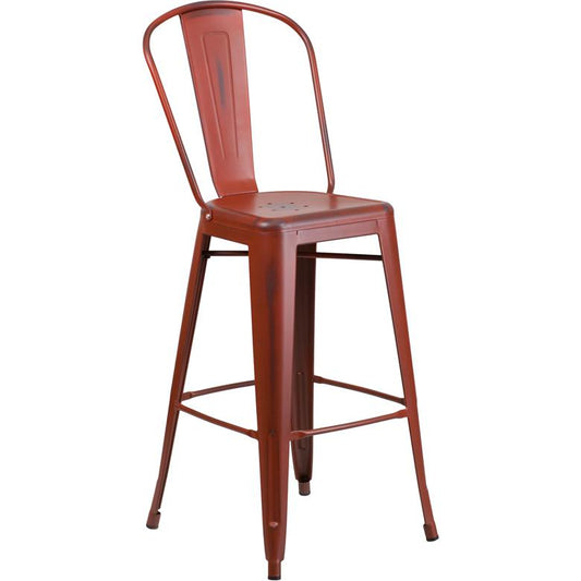 Commercial Grade 30" High Distressed Kelly Red Metal Indoor-Outdoor Barstool with Back