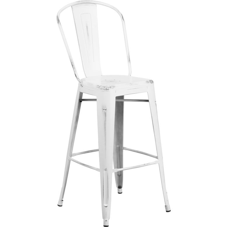 Commercial Grade 30" High Distressed White Metal Indoor-Outdoor Barstool with Back