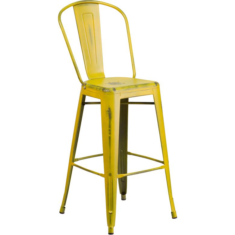 Commercial Grade 30" High Distressed Yellow Metal Indoor-Outdoor Barstool with Back