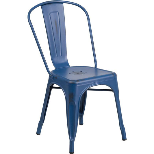 Commercial Grade Distressed Antique Blue Metal Indoor-Outdoor Stackable Chair