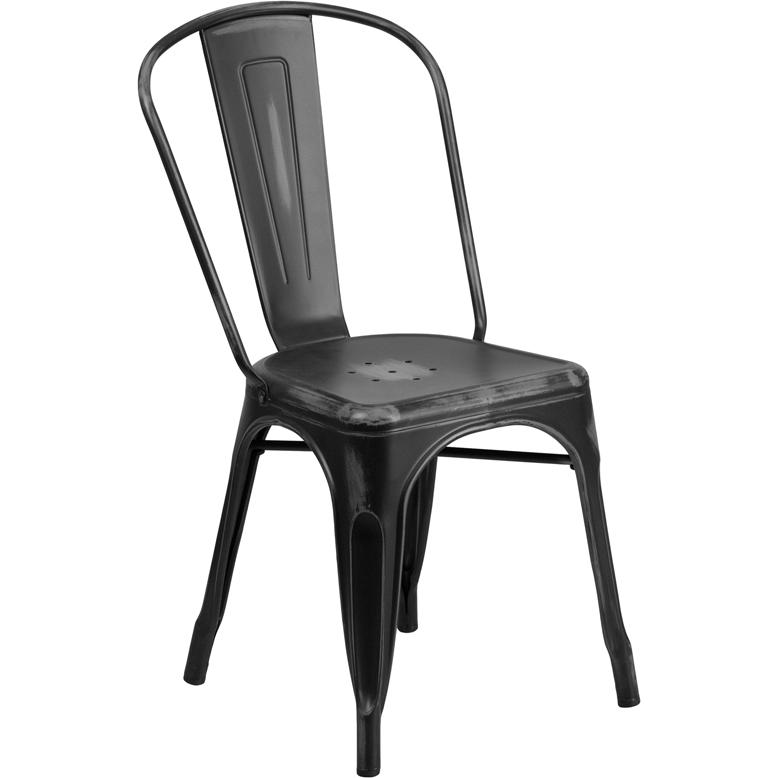 Commercial Grade Distressed Black Metal Indoor-Outdoor Stackable Chair