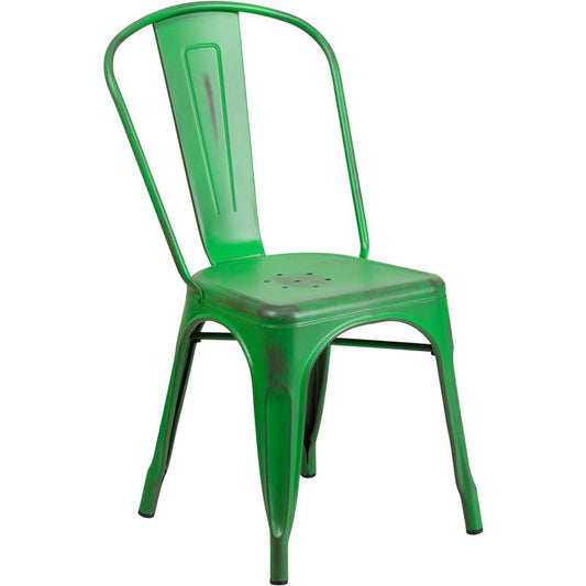 Commercial Grade Distressed Green Metal Indoor-Outdoor Stackable Chair