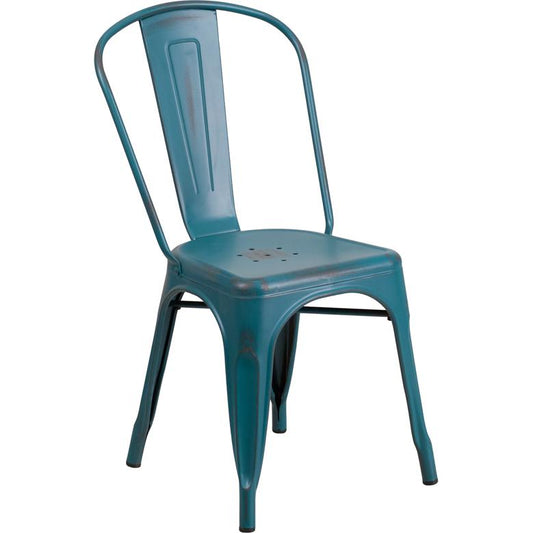 Commercial Grade Distressed Kelly Blue-Teal Metal Indoor-Outdoor Stackable Chair