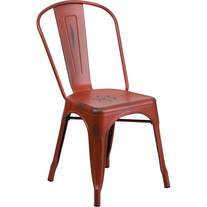 Commercial Grade Distressed Kelly Red Metal Indoor-Outdoor Stackable Chair