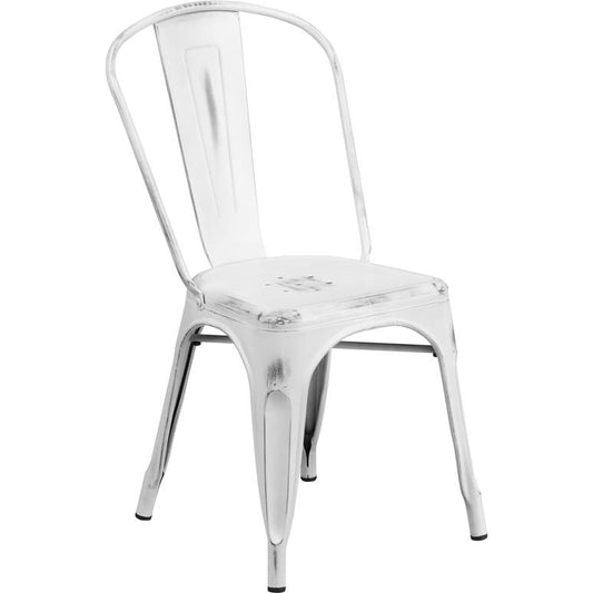 Commercial Grade Distressed White Metal Indoor-Outdoor Stackable Chair