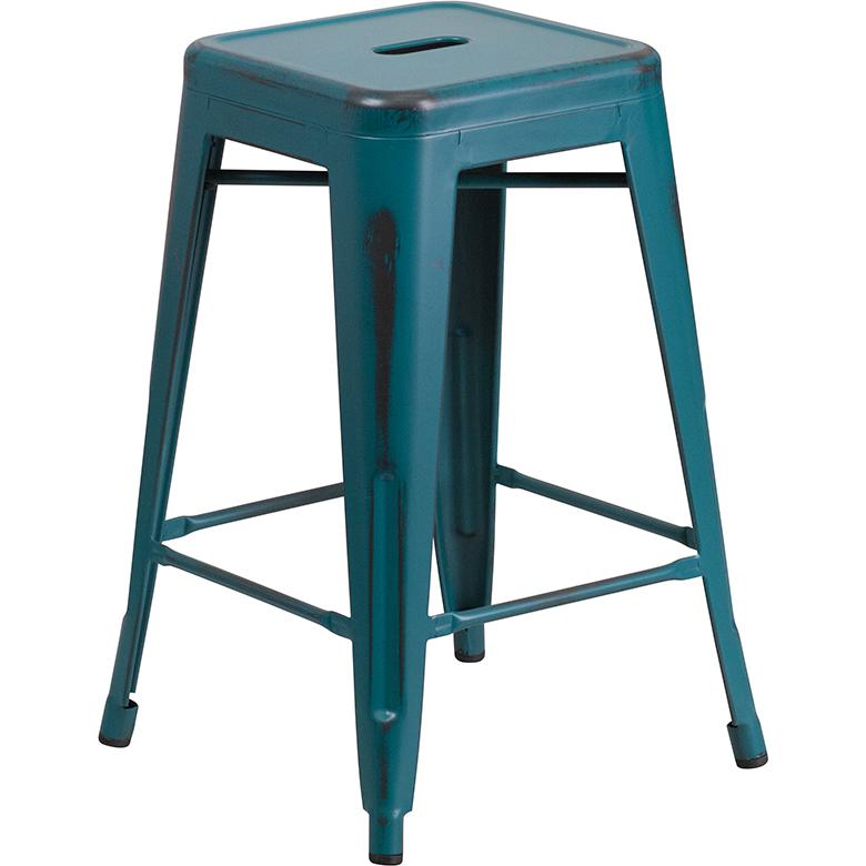 Commercial Grade 24" High Backless Distressed Kelly Blue-Teal Metal Indoor-Outdoor Counter Height Stool