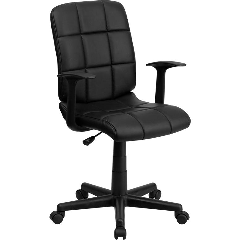 Mid-Back Black Quilted Vinyl Swivel Task Office Chair with Arms