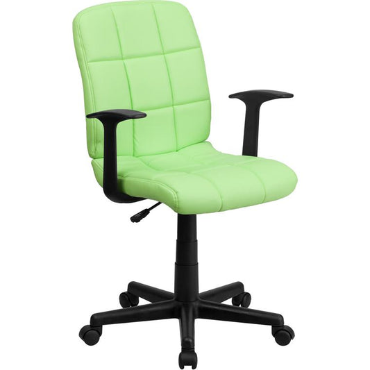 Mid-Back Green Quilted Vinyl Swivel Task Office Chair with Arms