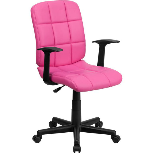 Mid-Back Pink Quilted Vinyl Swivel Task Office Chair with Arms