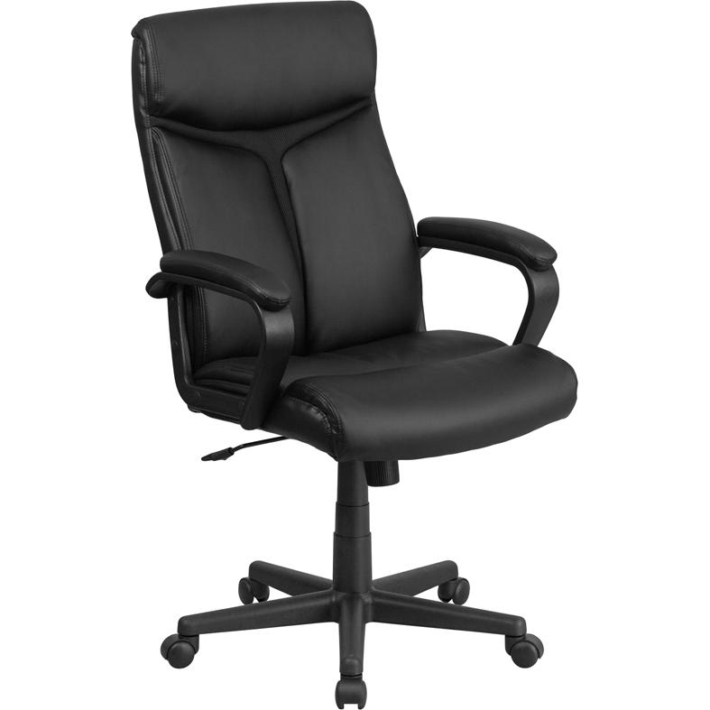 High Back Black LeatherSoft Executive Swivel Office Chair with Slight Mesh Accent and Arms