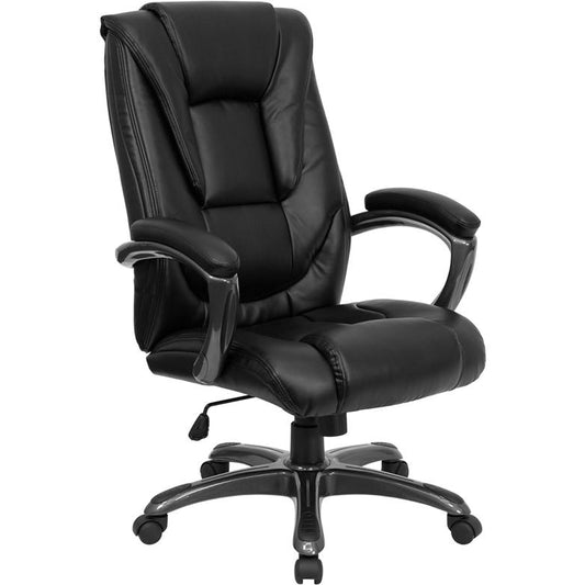 High Back Black LeatherSoft Layered Upholstered Executive Swivel Ergonomic Office Chair with Smoke Metal Base and Arms