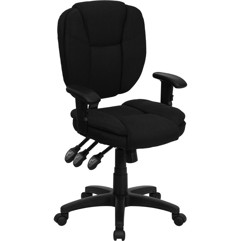 Mid-Back Black Fabric Multifunction Swivel Ergonomic Task Office Chair with Pillow Top Cushioning and Arms