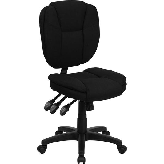 Mid-Back Black Fabric Multifunction Swivel Ergonomic Task Office Chair with Pillow Top Cushioning