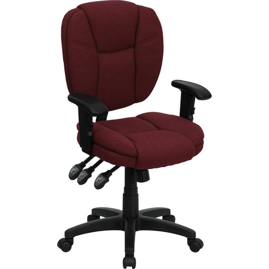 Mid-Back Burgundy Fabric Multifunction Swivel Ergonomic Task Office Chair with Pillow Top Cushioning and Arms