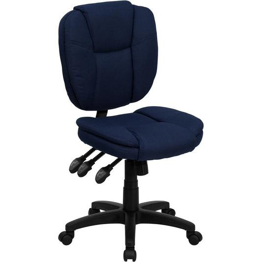 Mid-Back Navy Blue Fabric Multifunction Swivel Ergonomic Task Office Chair with Pillow Top Cushioning