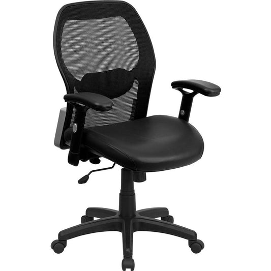 Mid-Back Black Super Mesh Executive Swivel Office Chair with LeatherSoft Seat and Adjustable Lumbar & Arms