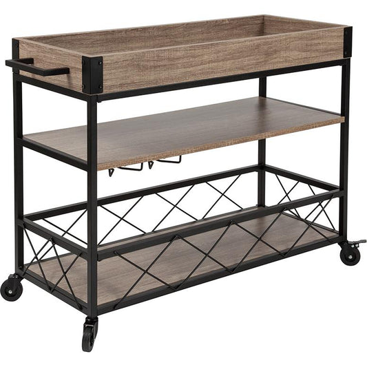 Buckhead Distressed Light Oak Wood and Iron Kitchen Serving and Bar Cart with Wine Glass Holders