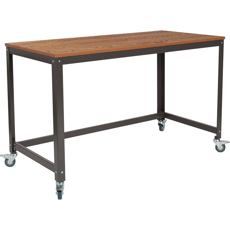 Livingston Collection Computer Table and Desk in Brown Oak Wood Grain Finish with Metal Wheels