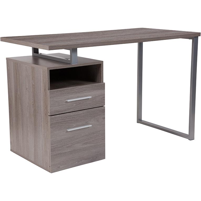 Harwood Light Ash Wood Grain Finish Computer Desk with Two Drawers and Silver Metal Frame