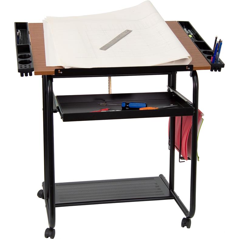 Adjustable Drawing and Drafting Table with Black Frame and Dual Wheel Casters