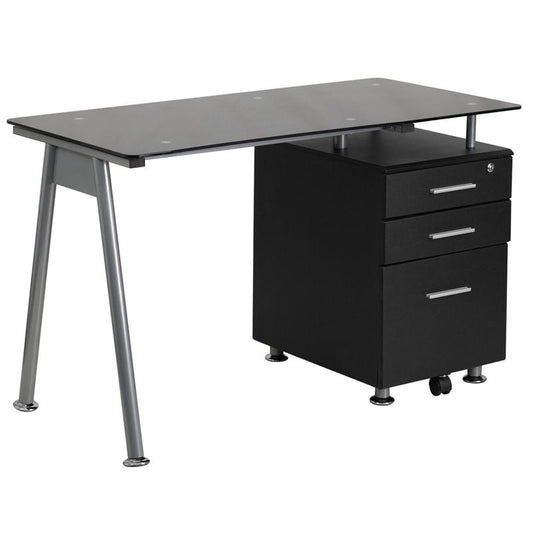 Black Glass Computer Desk with Three Drawer Pedestal