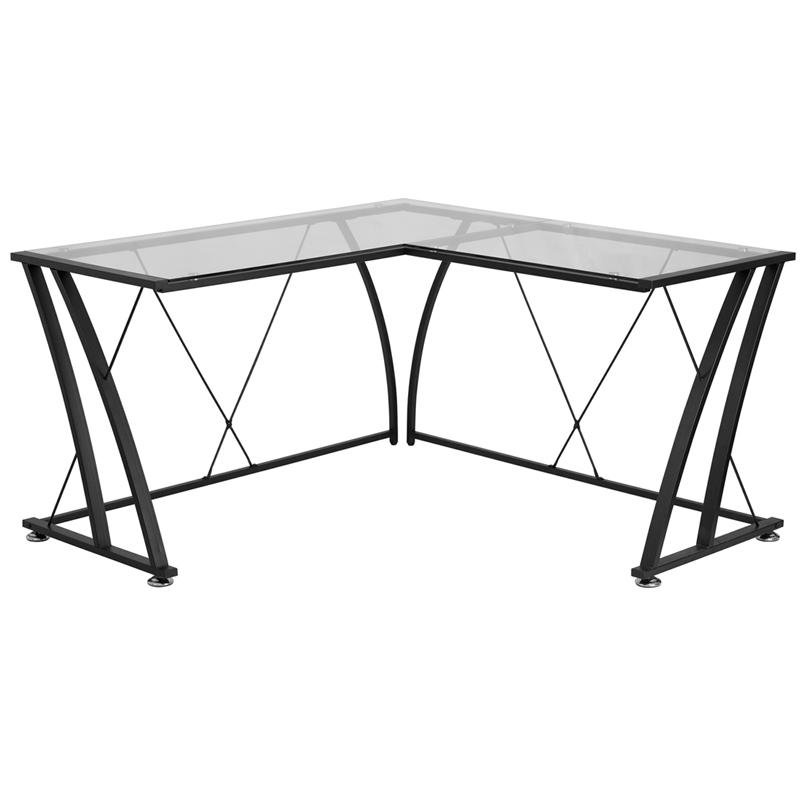 Glass L-Shape Computer Desk with Black Metal Frame