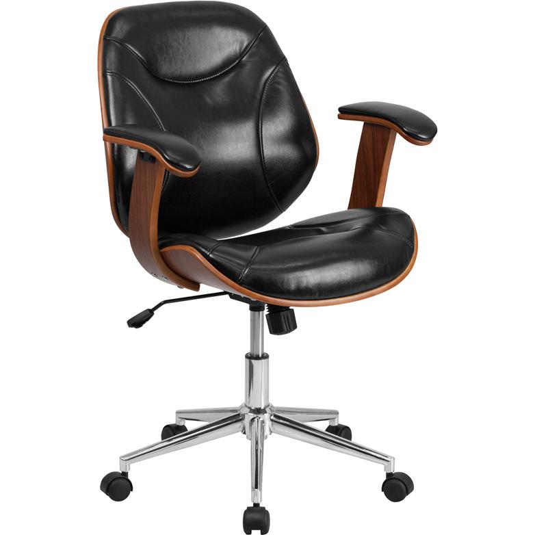 Mid-Back Black LeatherSoft Executive Ergonomic Wood Swivel Office Chair with Arms