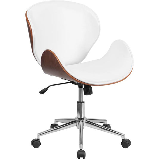 Mid-Back Walnut Wood Conference Office Chair in White LeatherSoft