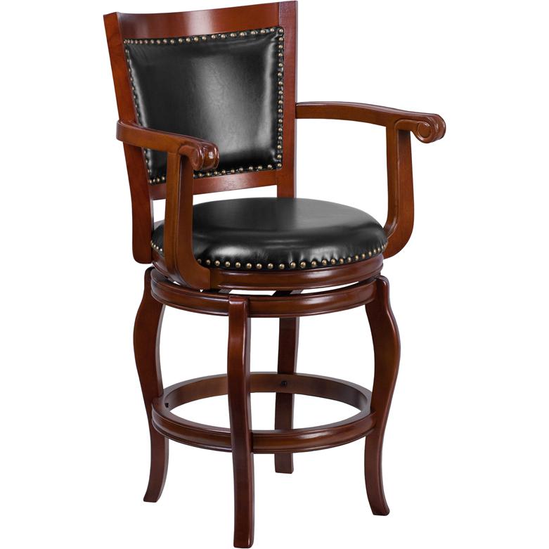 26'' High Cherry Wood Counter Height Stool with Arms, Panel Back and Black LeatherSoft Swivel Seat