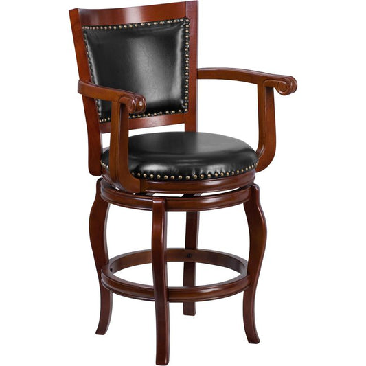 26'' High Cherry Wood Counter Height Stool with Arms, Panel Back and Black LeatherSoft Swivel Seat