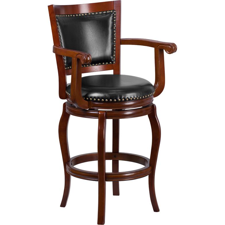 30'' High Cherry Wood Barstool with Arms, Panel Back and Black LeatherSoft Swivel Seat