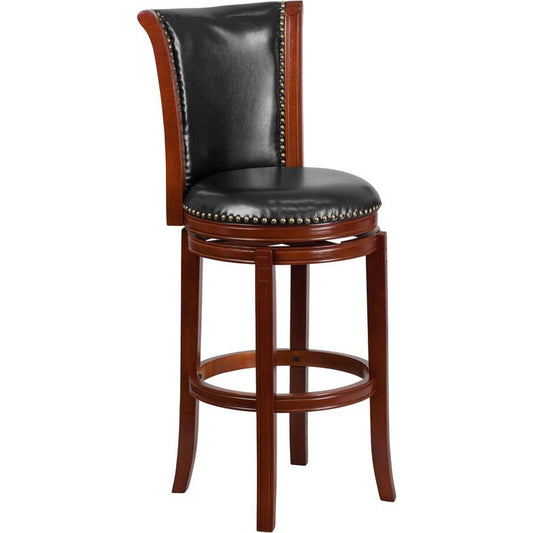 30'' High Dark Chestnut Wood Barstool with Panel Back and Black LeatherSoft Swivel Seat