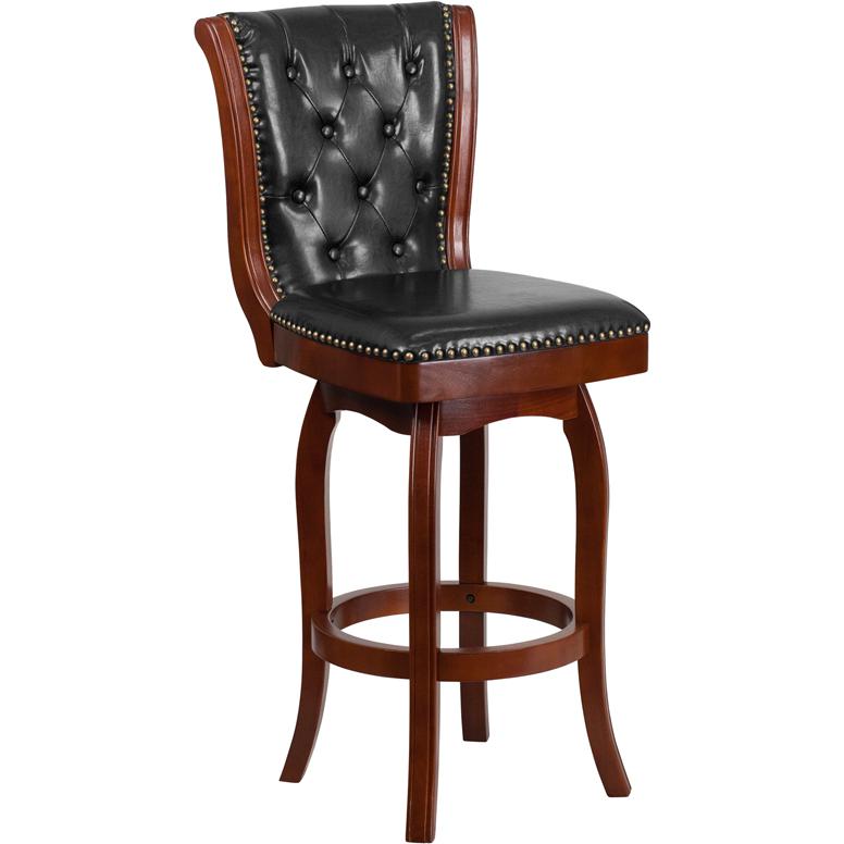 30'' High Cherry Wood Barstool with Button Tufted Back and Black LeatherSoft Swivel Seat