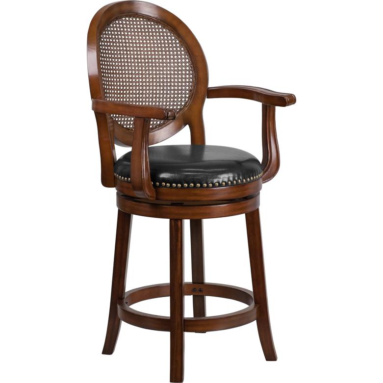 26'' High Expresso Wood Counter Height Stool with Arms, Woven Rattan Back and Black LeatherSoft Swivel Seat