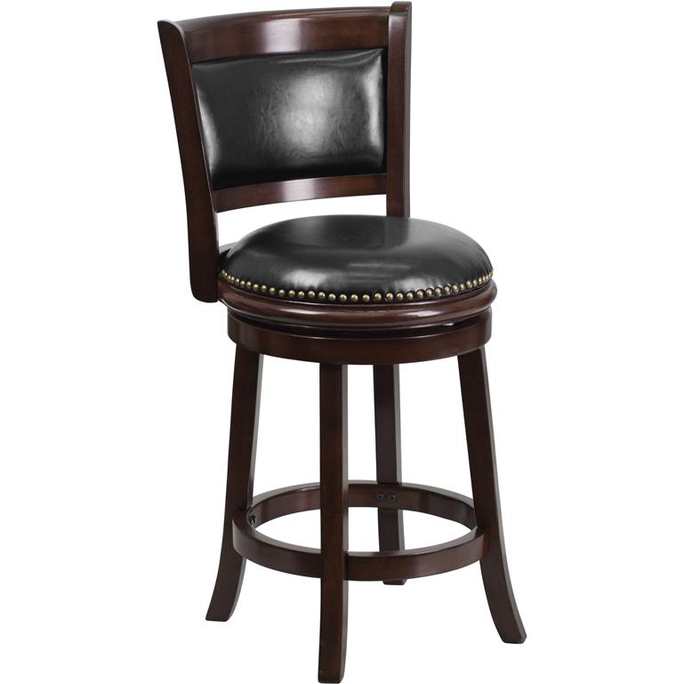 24'' High Cappuccino Wood Counter Height Stool with Panel Back and Black LeatherSoft Swivel Seat