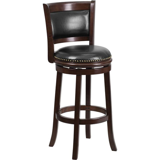 29'' High Cappuccino Wood Barstool with Panel Back and Black LeatherSoft Swivel Seat