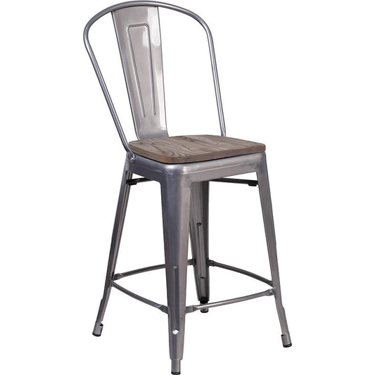 24" High Clear Coated Counter Height Stool with Back and Wood Seat