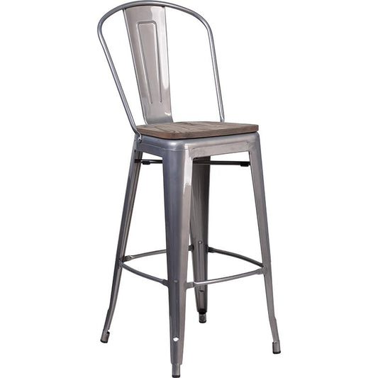 30" High Clear Coated Barstool with Back and Wood Seat