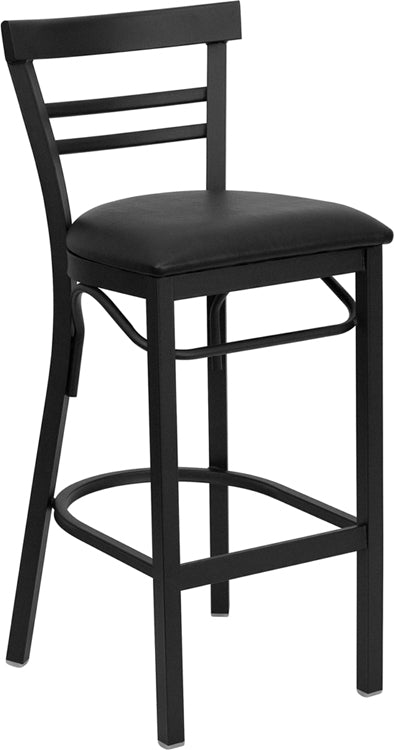 HERCULES Series Black Two-Slat Ladder Back Metal Restaurant Barstool - Black Vinyl Seat