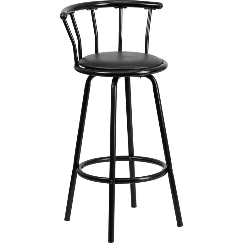 Crown Back Black Metal Barstool with Black Vinyl Swivel Seat